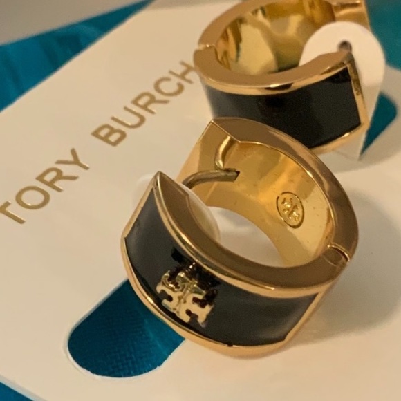Tory Burch Jewelry - Tory Burch golden and black enamel with logo in the front of HUGGIE earrings